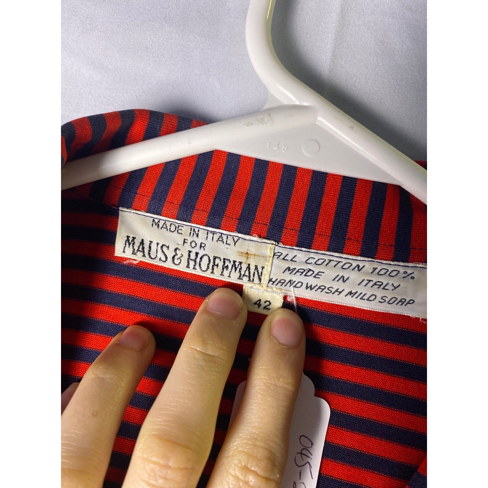 Maus & Hoffman Red Navy Blue Striped Italian Polo Shirt Short Sleeve Size Large?