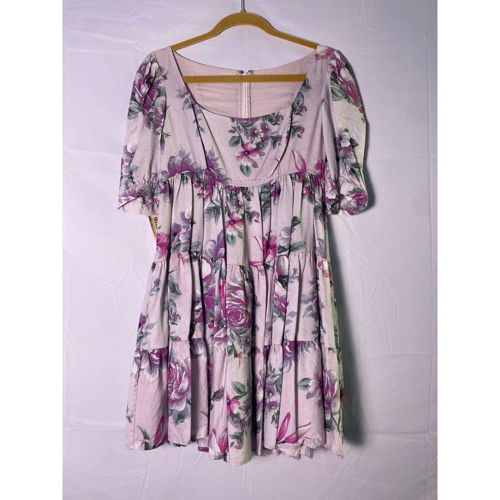 Design Purple Floral Tiered Babydoll Mini Dress Square Neck 100% Tencel Small
