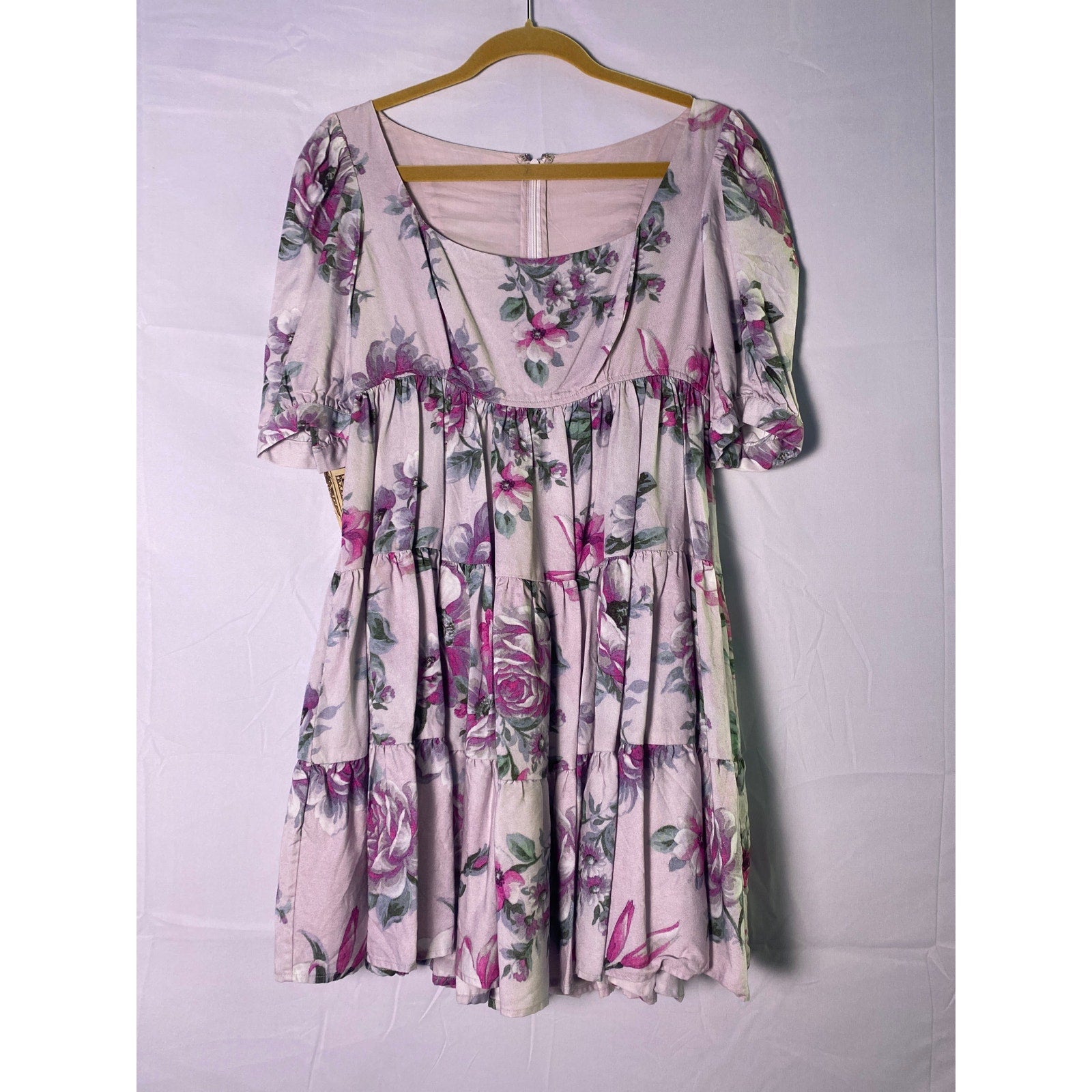 Design Purple Floral Tiered Babydoll Mini Dress Square Neck 100% Tencel Small