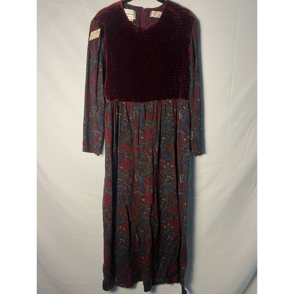 Vintage 90s Karin Steven’s Burgundy Velvet And Paisley Babydoll Dress Size 14