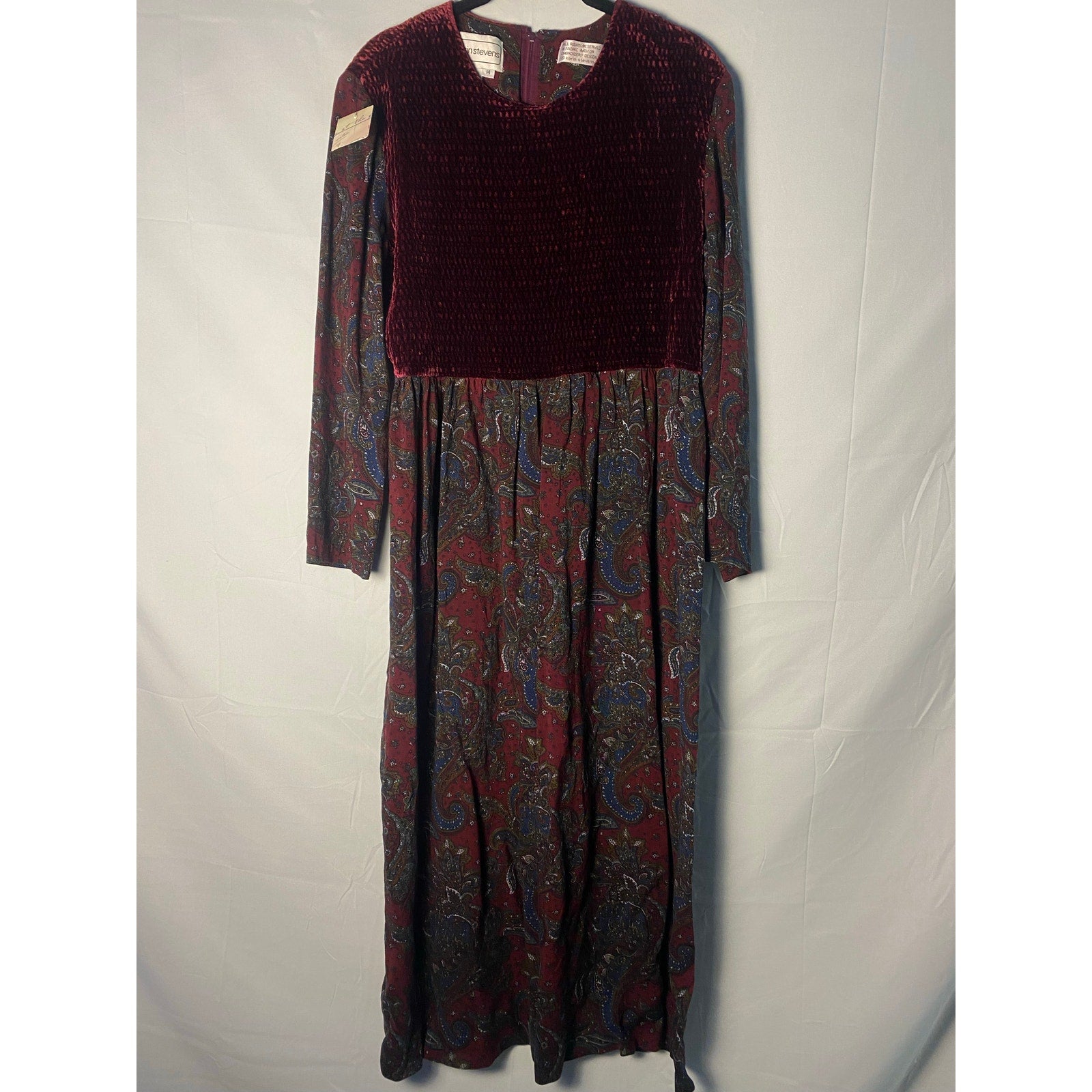 Vintage 90s Karin Steven’s Burgundy Velvet And Paisley Babydoll Dress Size 14