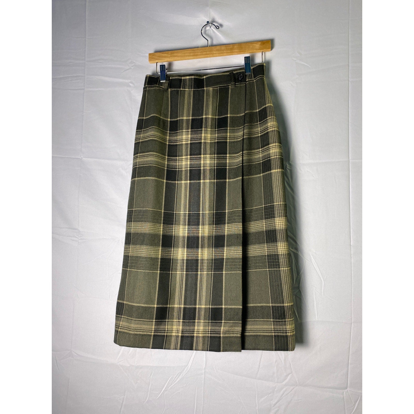 Vintage Lauren Ralph Lauren 100% Wool Green Plaid Midi Skirt Women's Size 10