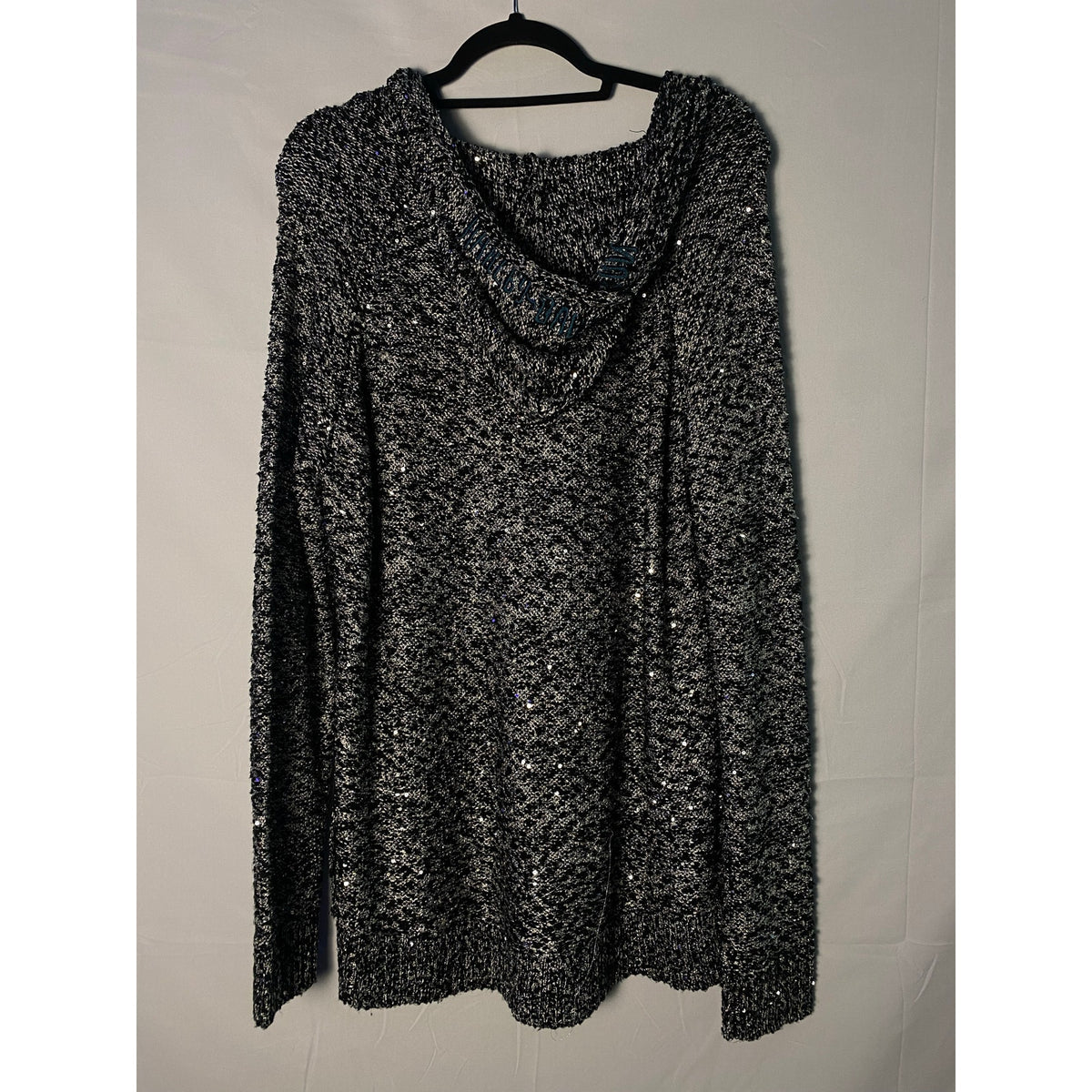 Harley Davidson Black White Sequin Knit Pullover w/ Embroidered Hoodie Women 2XL