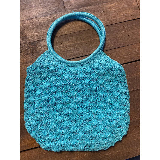 70's Blue Crochet Purse with Wooden Handles