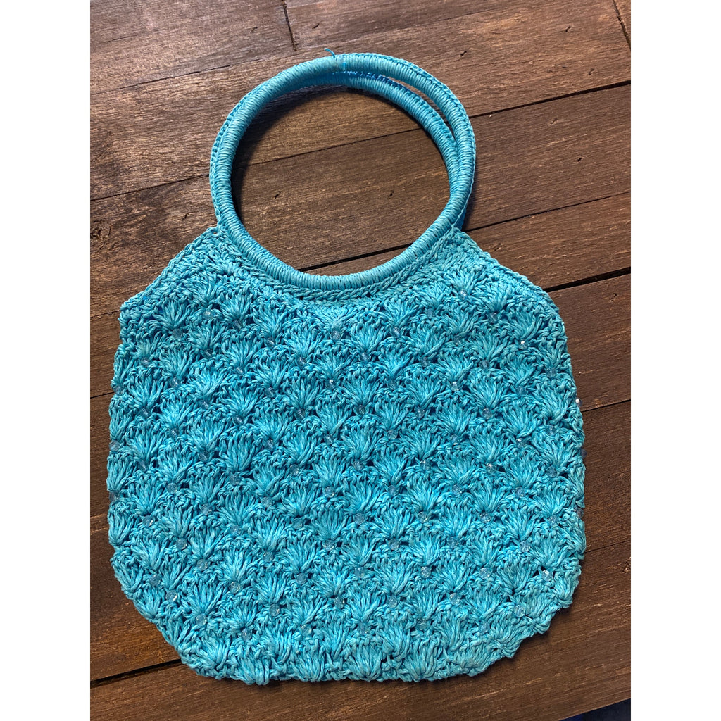 70's Blue Crochet Purse with Wooden Handles