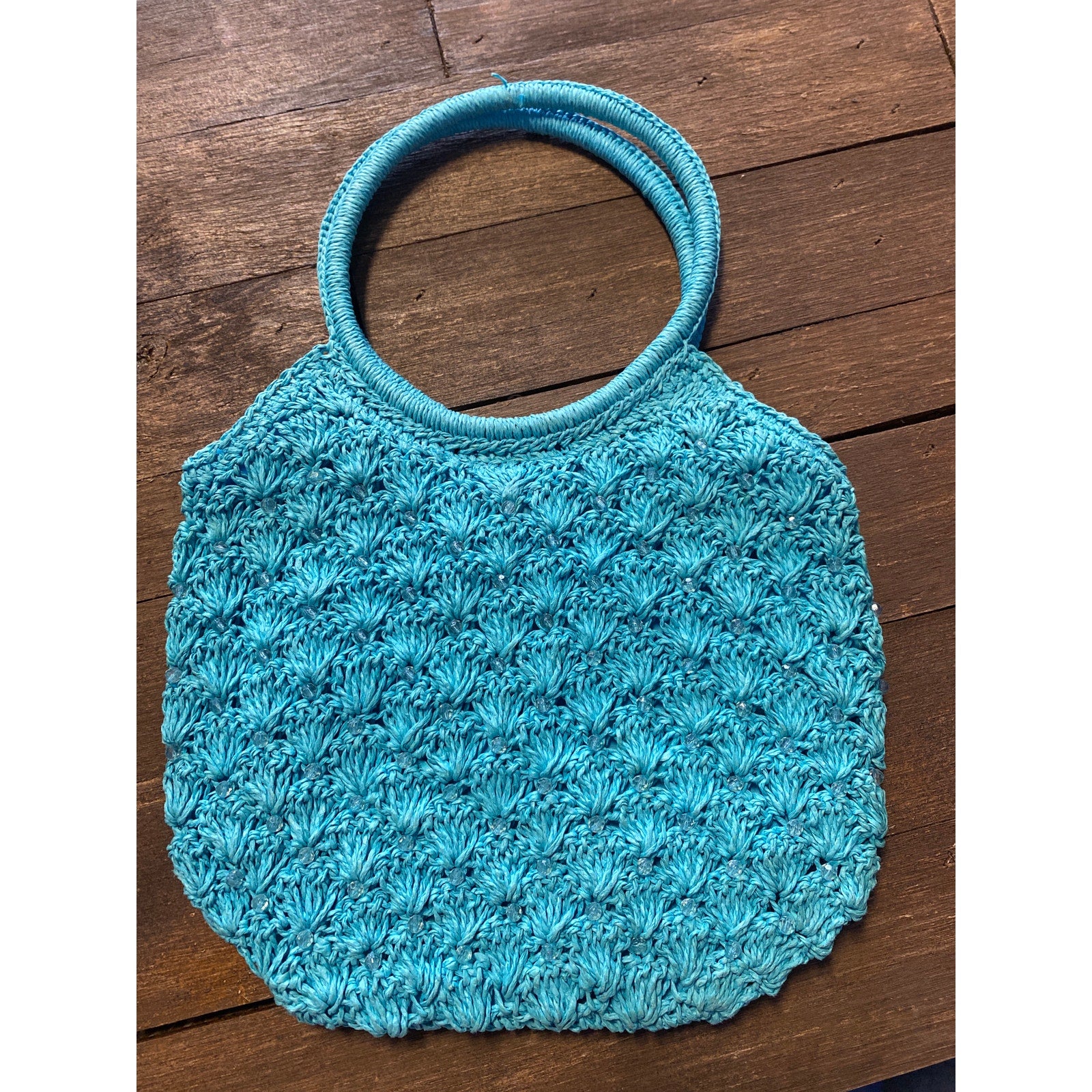 70's Blue Crochet Purse with Wooden Handles