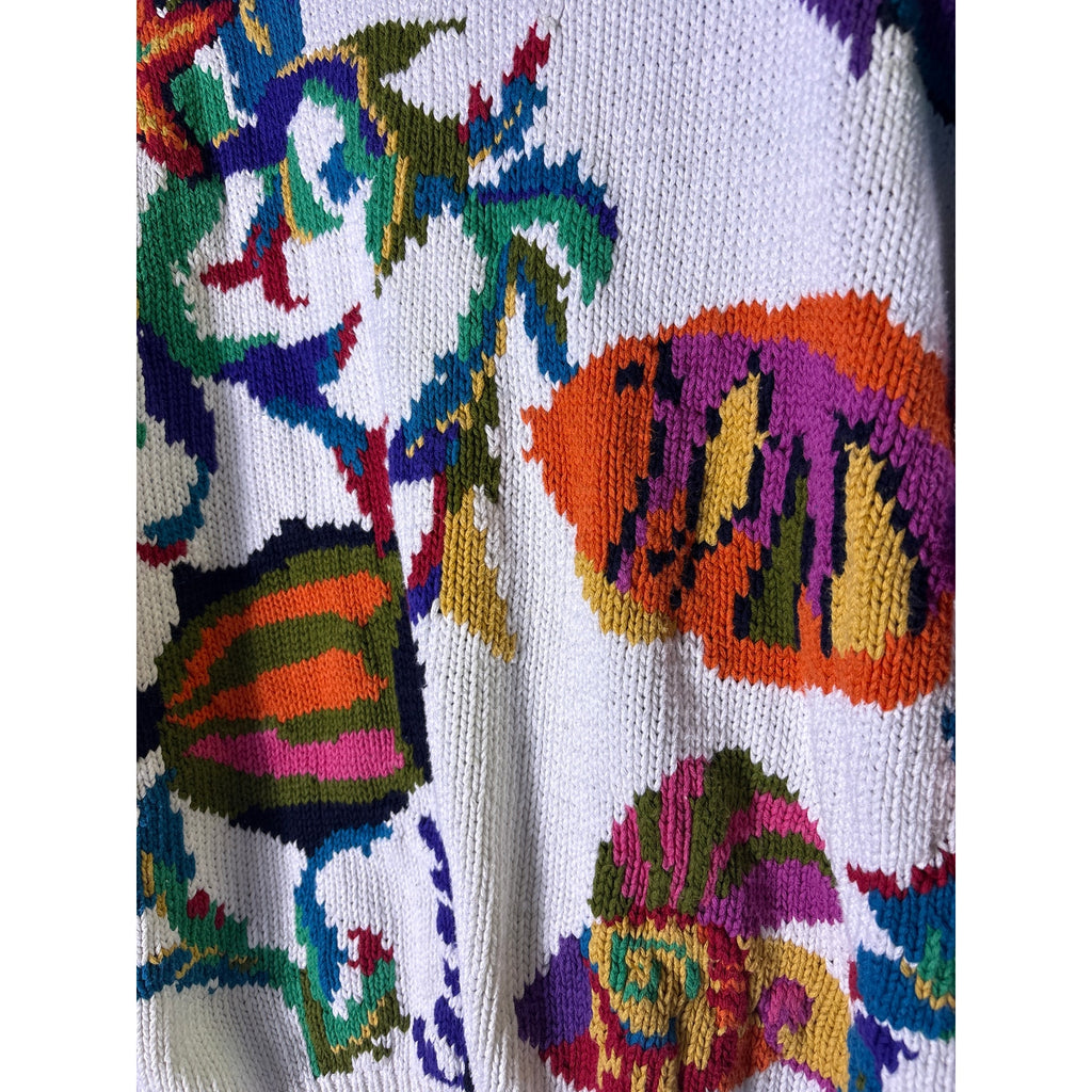 Vintage 80s Saks Fifth Avenue Aquatic Fish Floral Neon Chunky Sweater Size Large