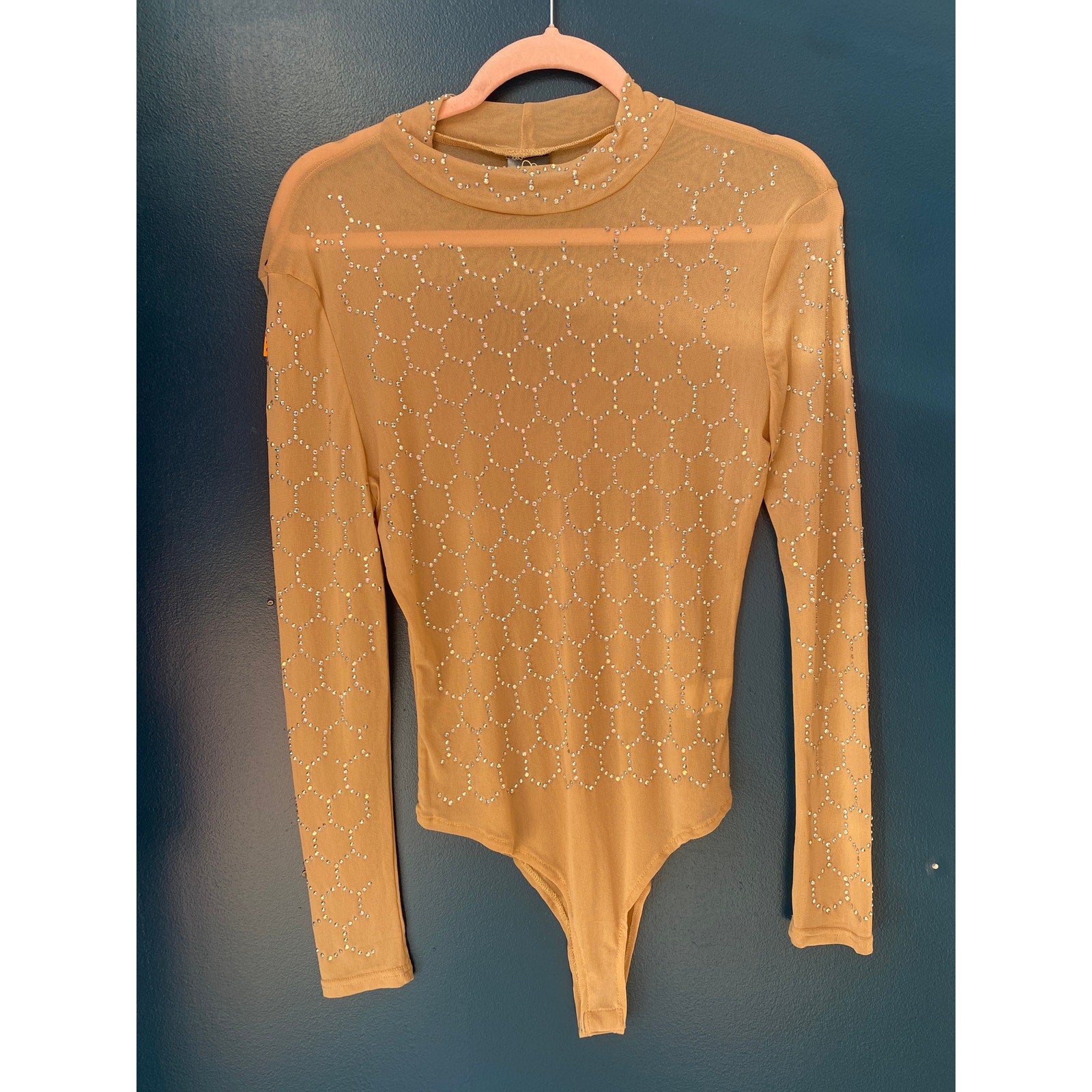 Long Sleeve Crewneck Nude Mesh Rhinestone Bodysuit Women's Size Small