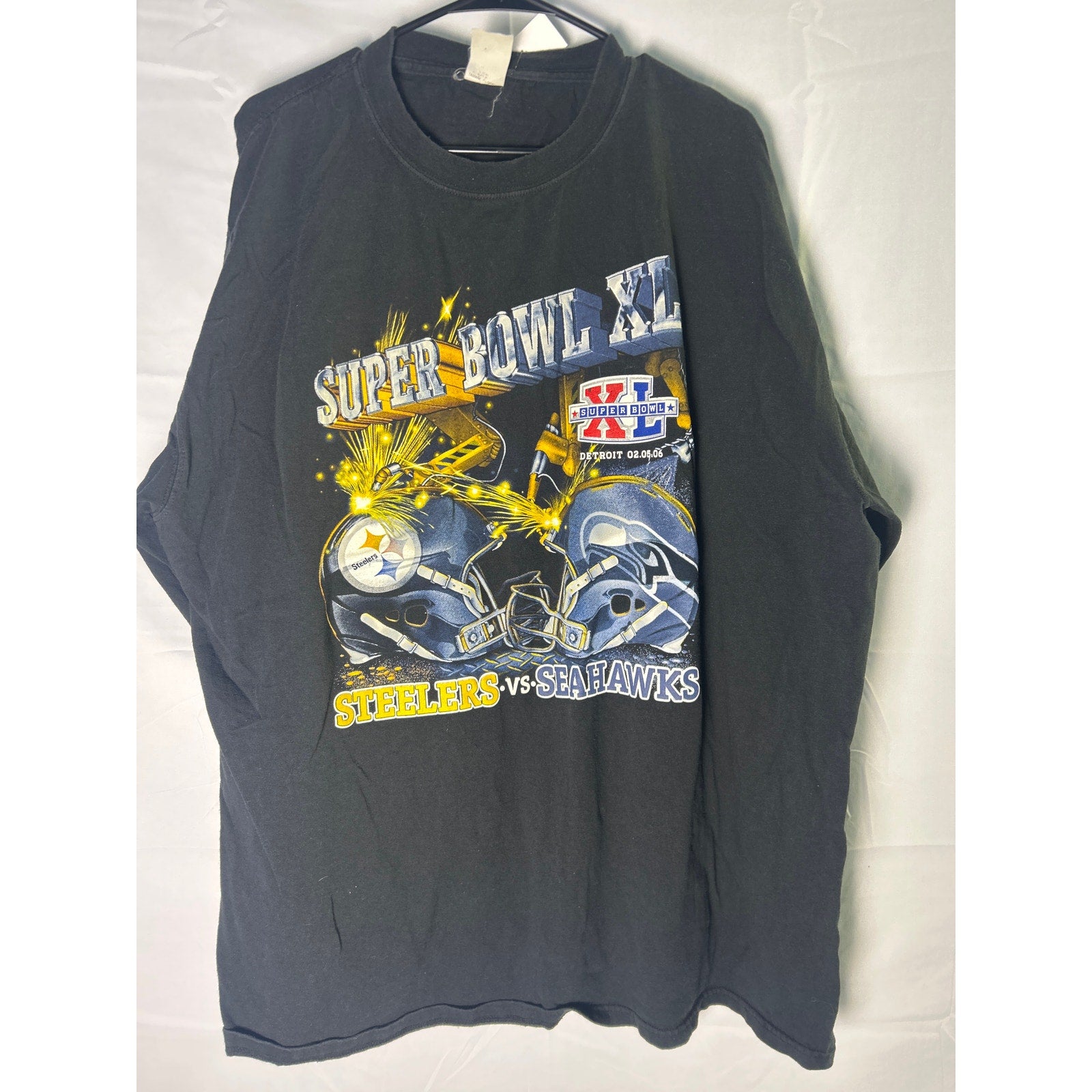2006 Super Bowl Steelers vs Seahawks Graphic Print Black T-Shirt Men's Size 2XL