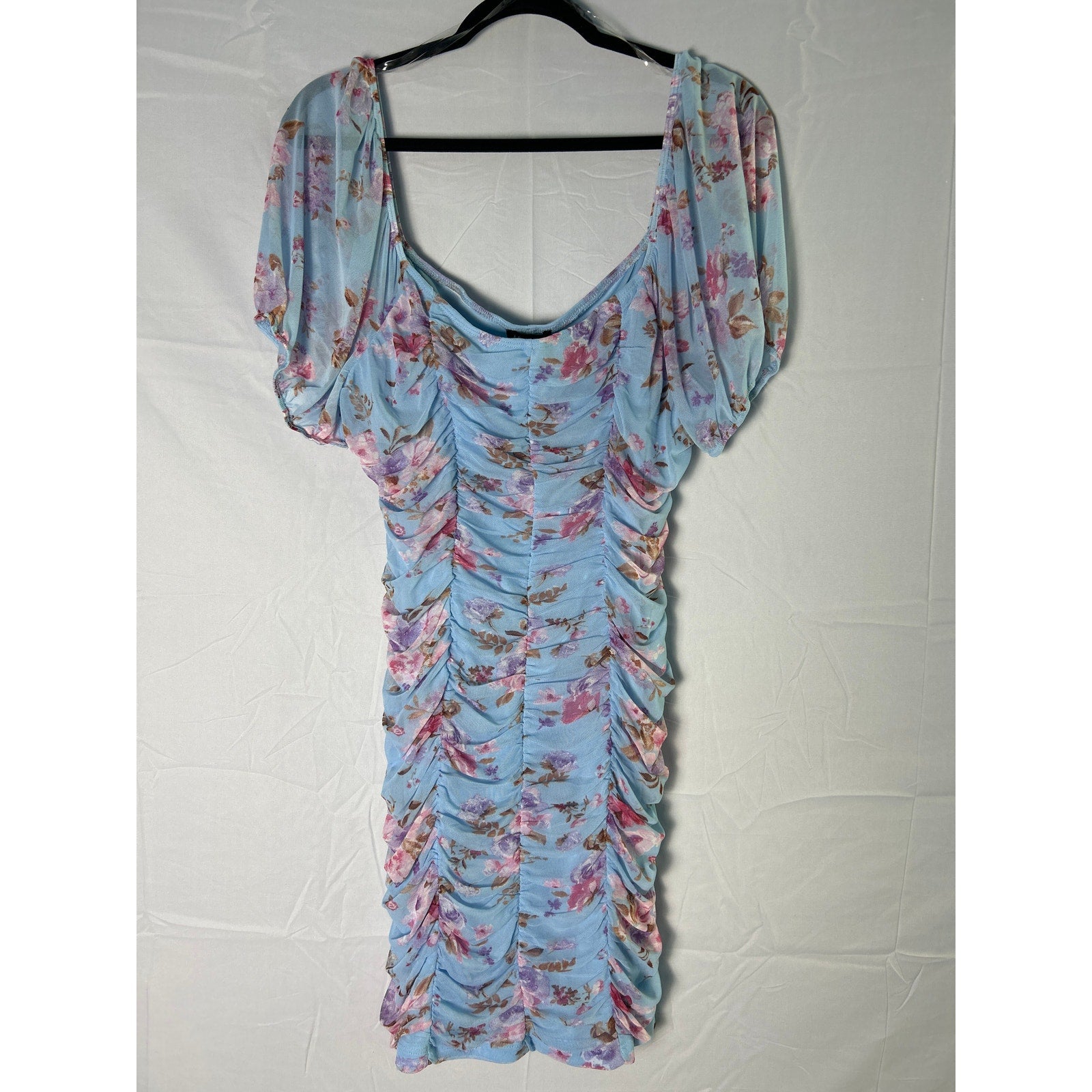 As U Wish Blue Floral Chiffon Off the Shoulder Ruched Dress Women's Plus Size 1X
