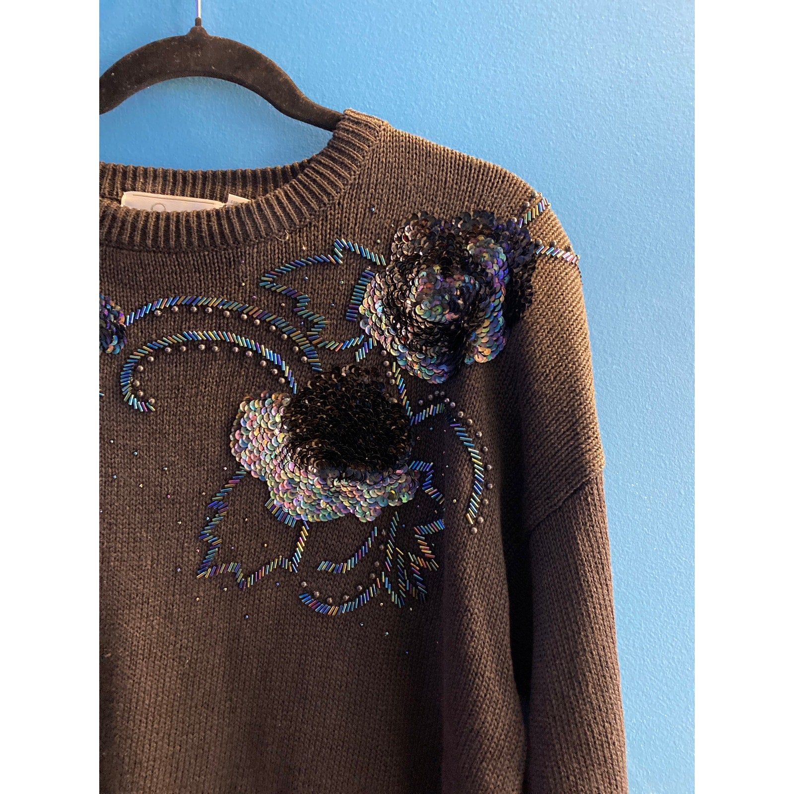 Vintage Sarit Black Floral Beaded Crew Neck Sweater Women's Size Large