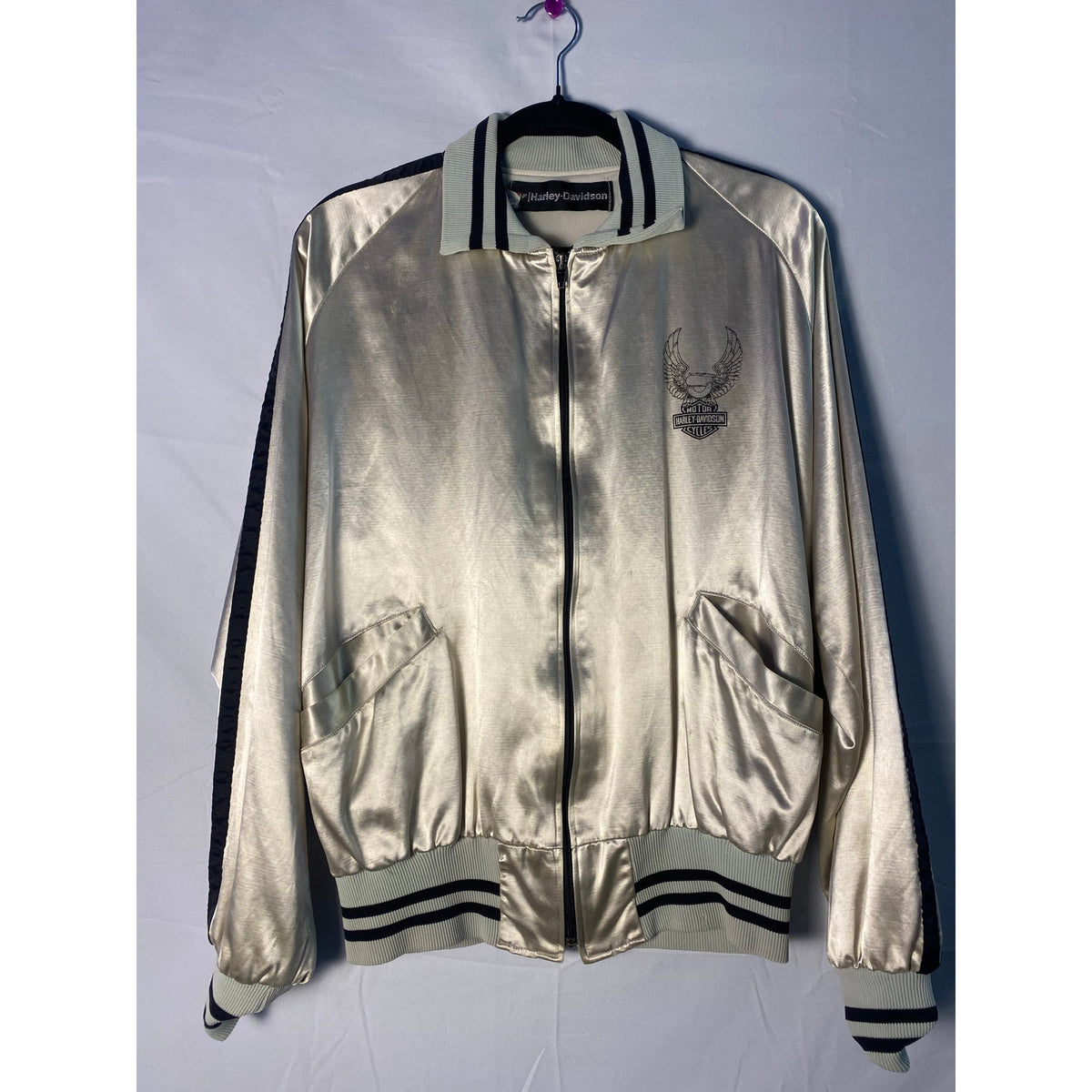 Harley Davidson Silver Bomber Jacket Full Zip Front Pockets Men's Size Medium