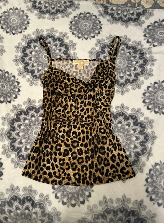 Vintage Michael Kors Tank Top Leopard Print Cowl Neck Sleeveless Brown Small