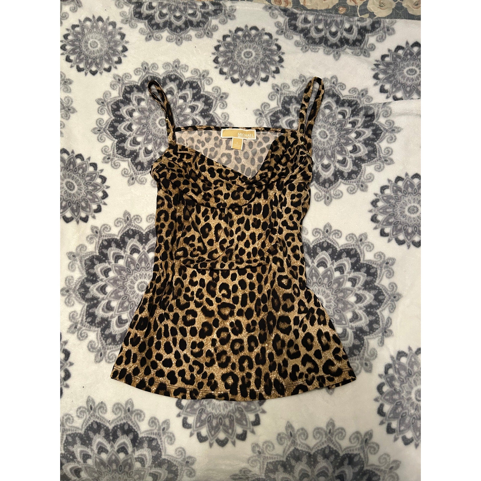 Vintage Michael Kors Tank Top Leopard Print Cowl Neck Sleeveless Brown Small