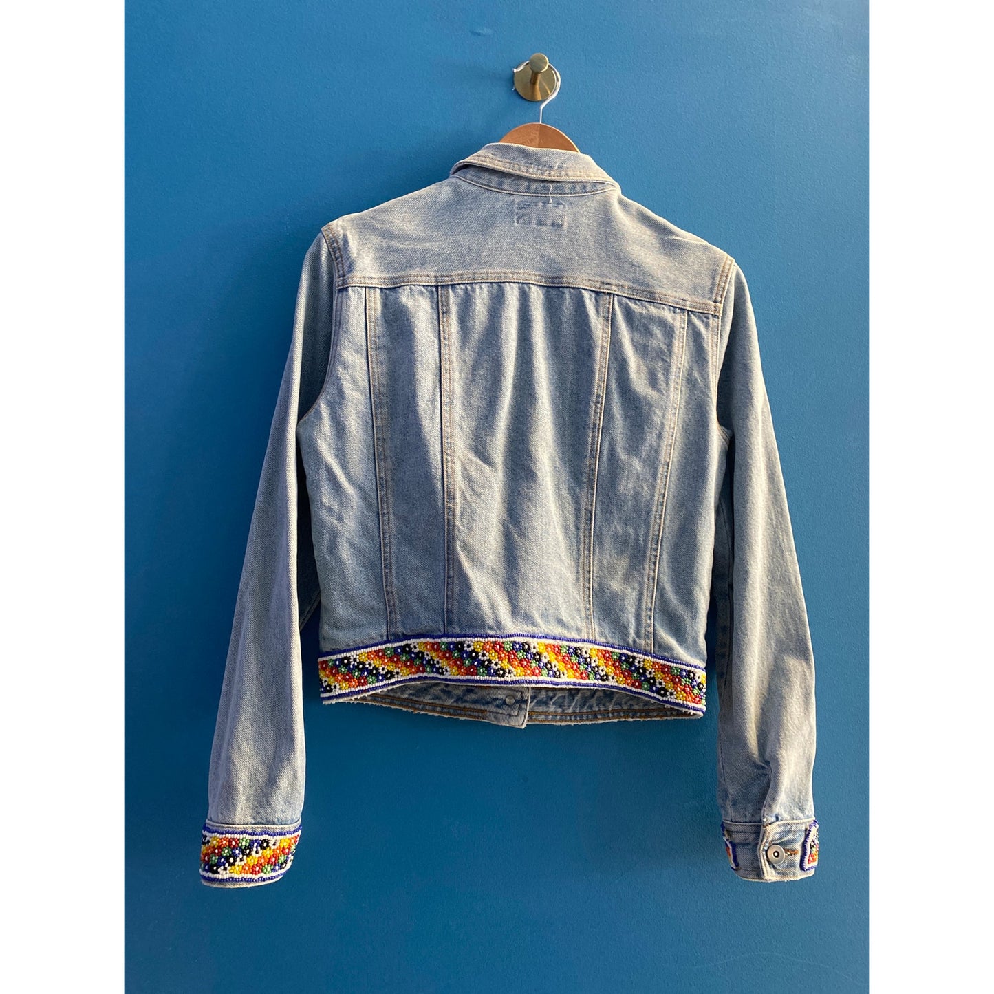 Cache Button Up Colorful Beaded Trim Denim Jean Jacket Women's Size Medium