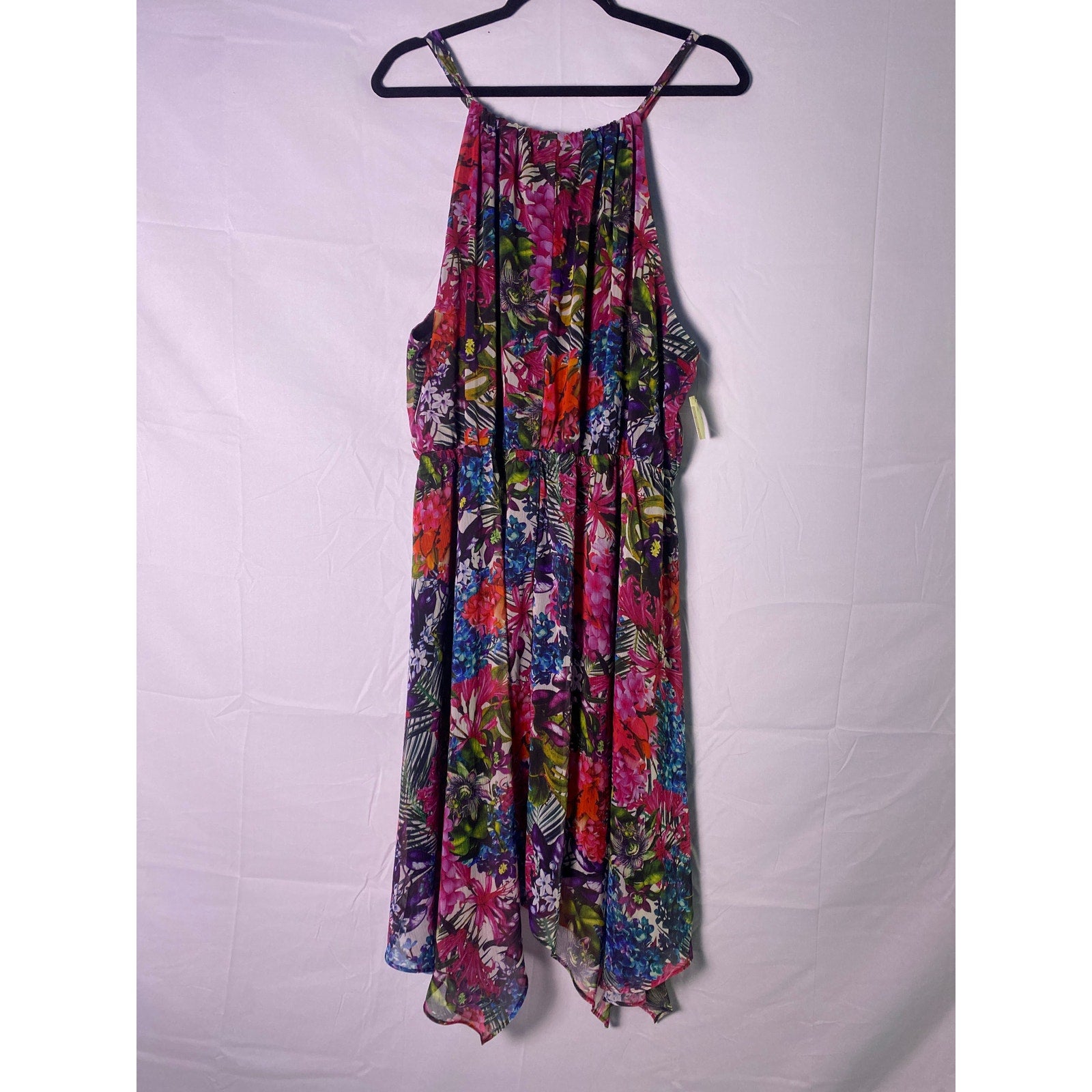 Bold Tropical Print Chiffon Halter w/ Asymmetrical Hem Pleated Dress Fits 2X-3X