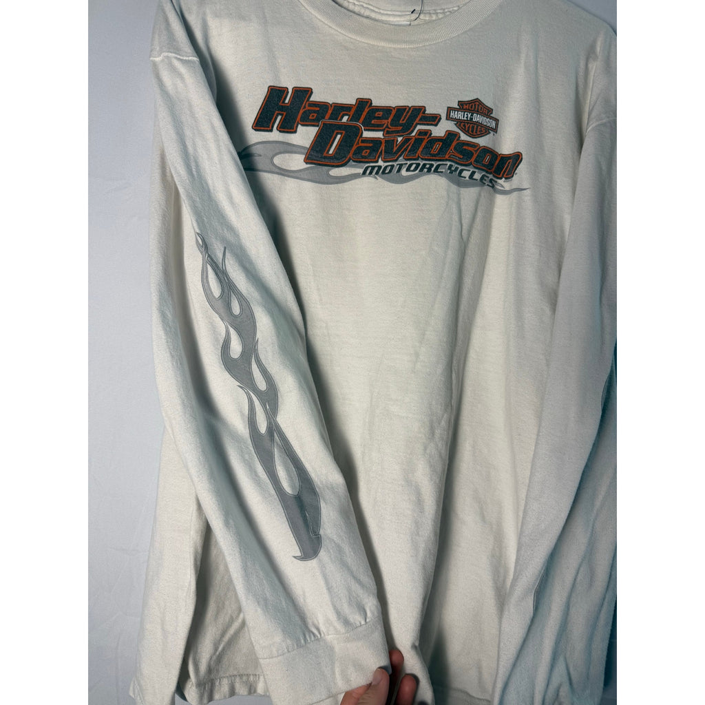 Harley Davidson South Valley Shop w/ Gray Flames White Long Sleeve Shirt Size XL