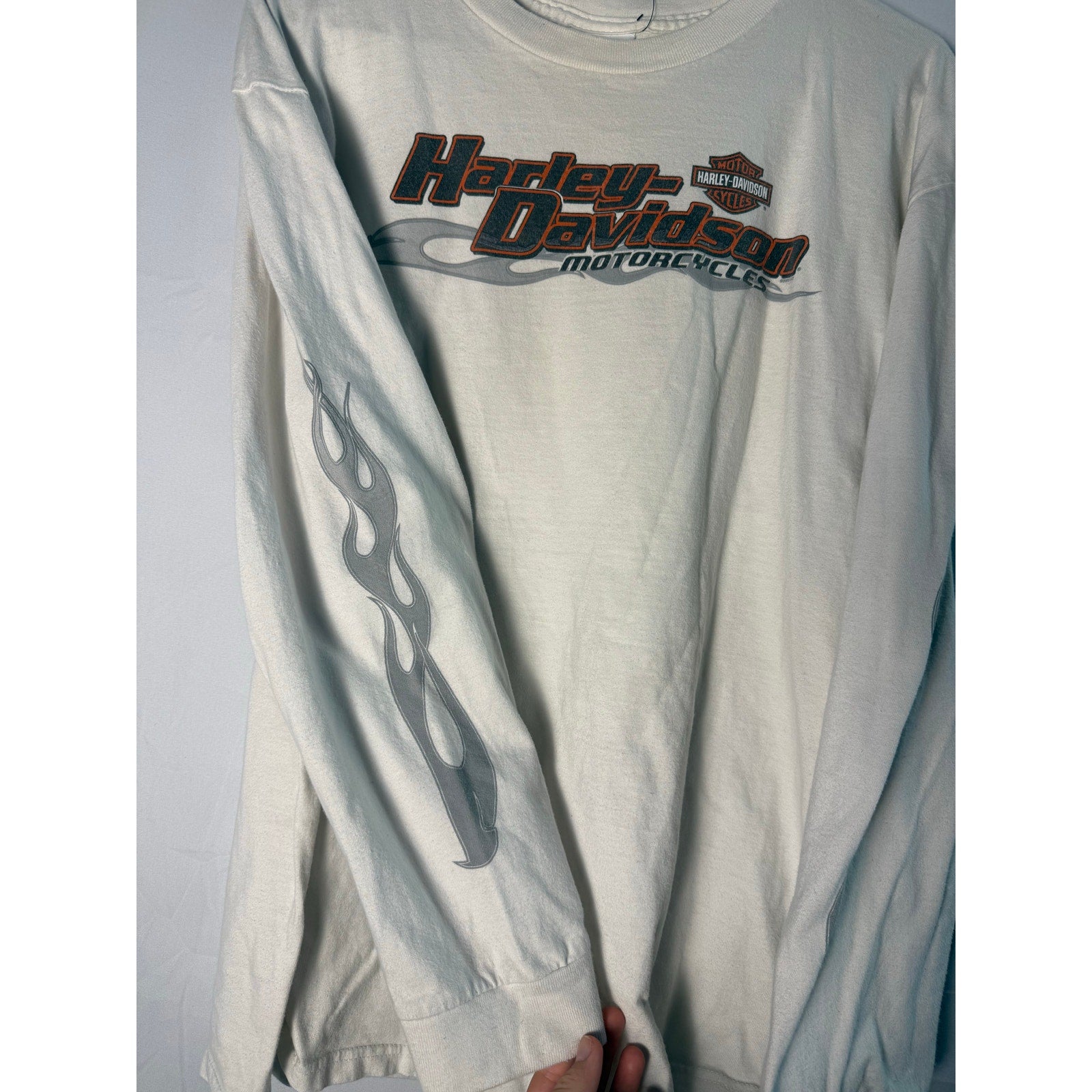 Harley Davidson South Valley Shop w/ Gray Flames White Long Sleeve Shirt Size XL