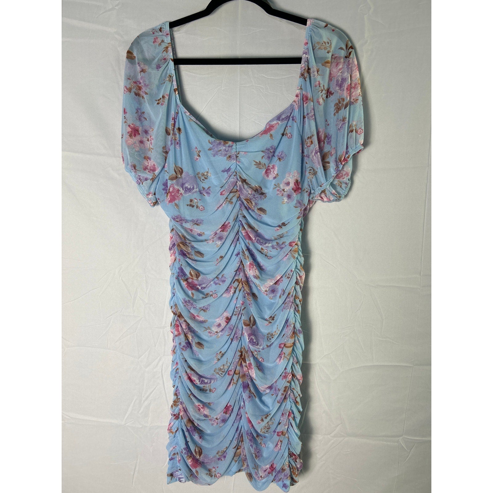 As U Wish Blue Floral Chiffon Off the Shoulder Ruched Dress Women's Plus Size 1X