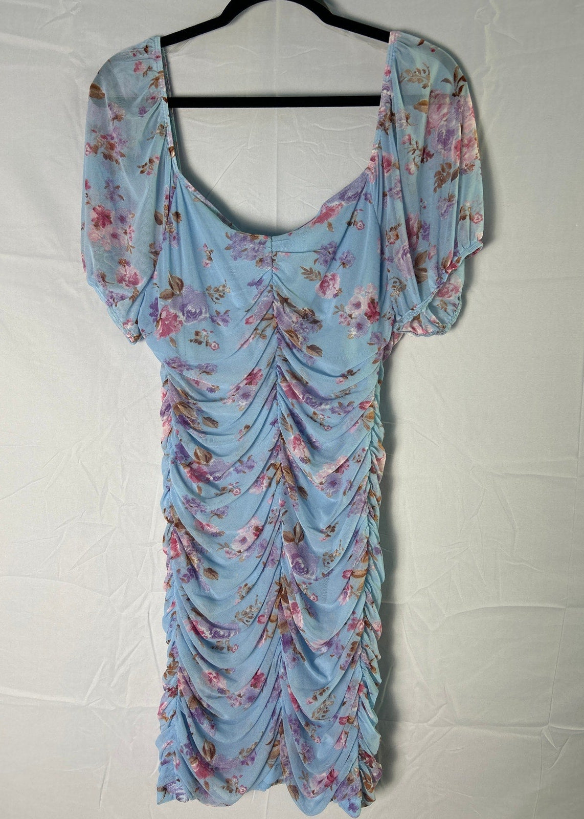 As U Wish Blue Floral Chiffon Off the Shoulder Ruched Dress Women's Plus Size 1X