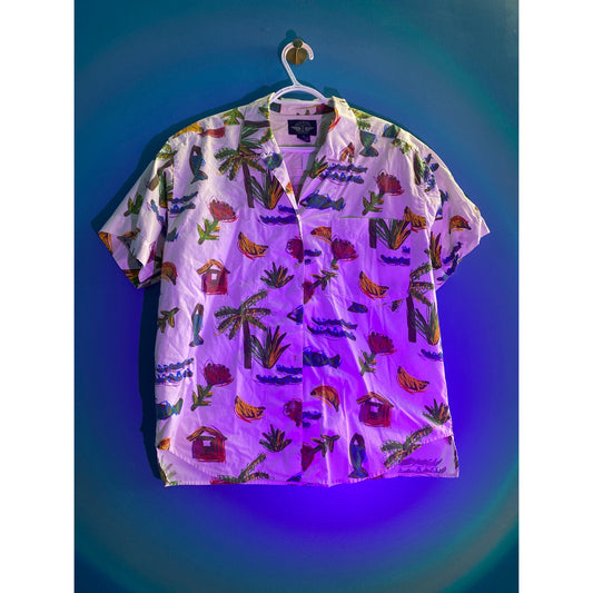 Dockers White Multicolor Tree Rose House Beach Hawaiian Shirt Men's Medium