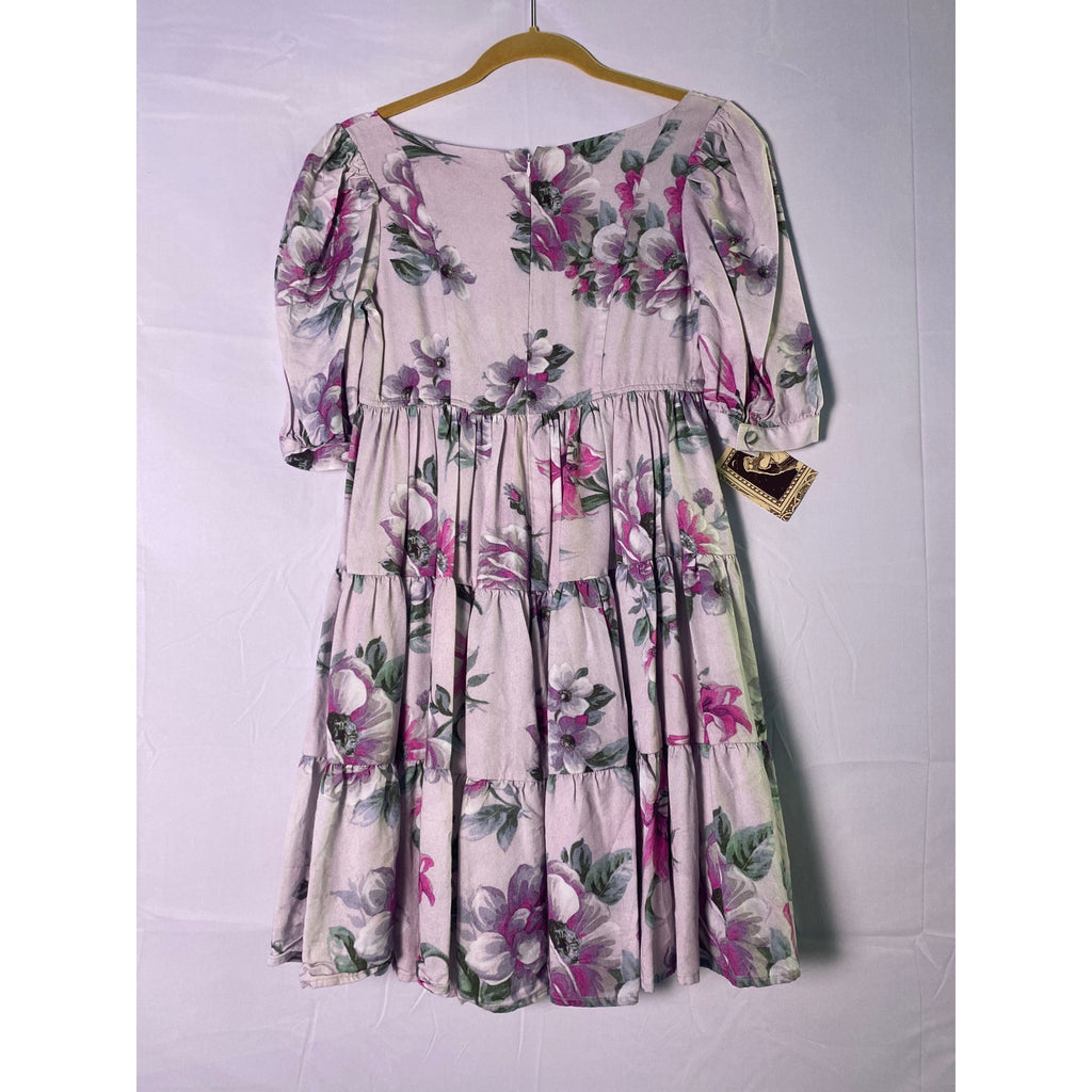 Design Purple Floral Tiered Babydoll Mini Dress Square Neck 100% Tencel Small