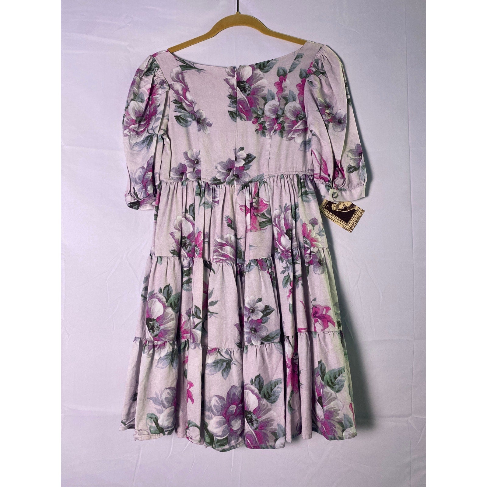 Design Purple Floral Tiered Babydoll Mini Dress Square Neck 100% Tencel Small