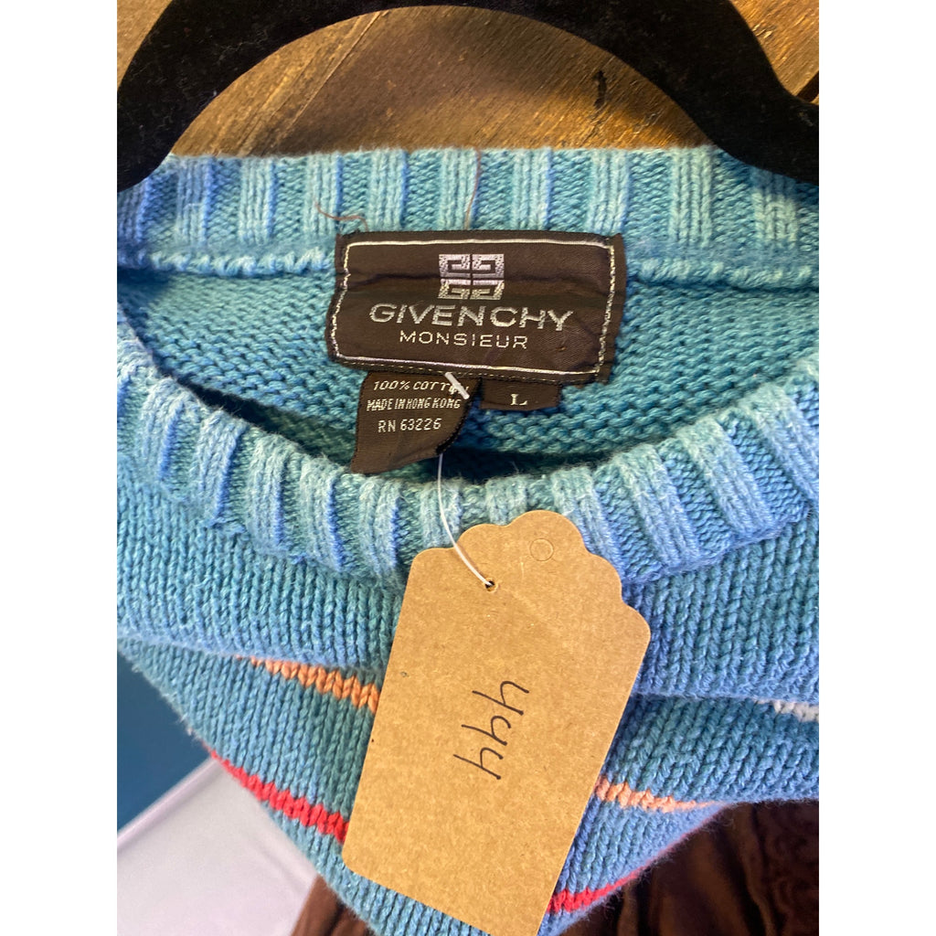 Vintage Givenchy Monsieur Blue Stripe Crew Neck Pullover Sweater Women's Large