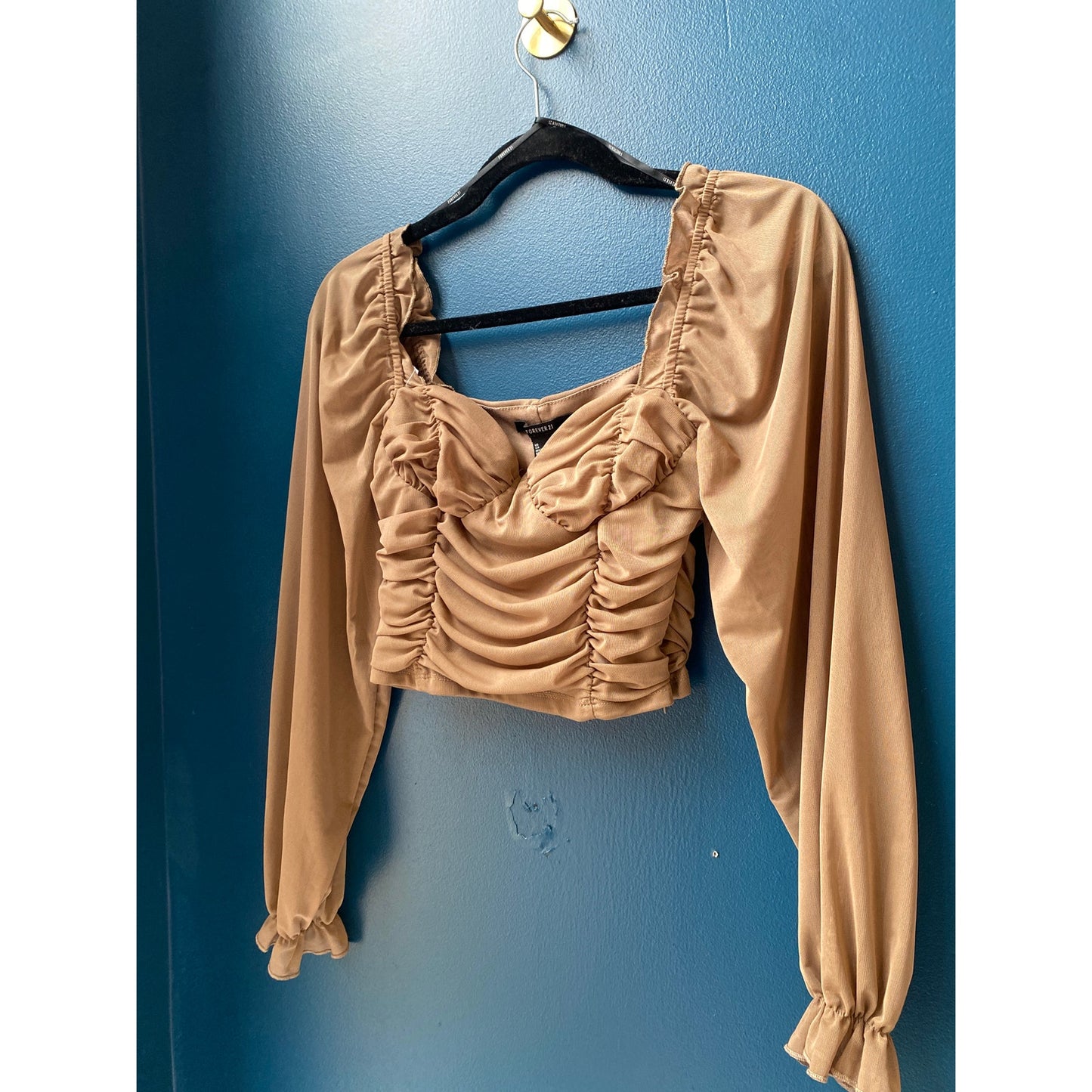 Forever 21 Light Brown Mesh Ruched Sweetheart Crop Top Long Sleeve Medium