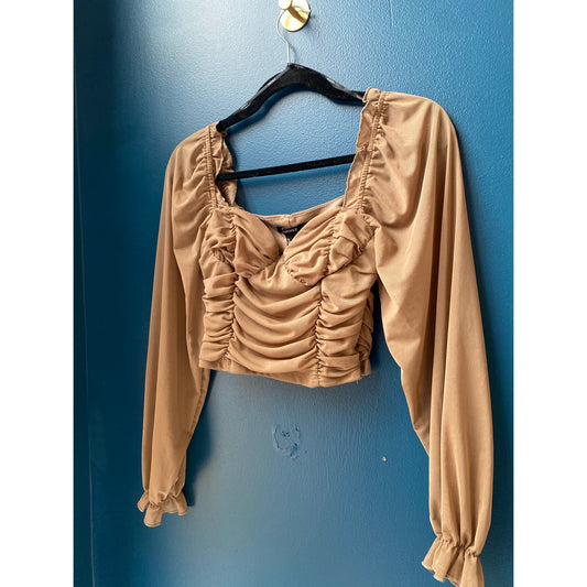 Forever 21 Light Brown Mesh Ruched Sweetheart Crop Top Long Sleeve Medium