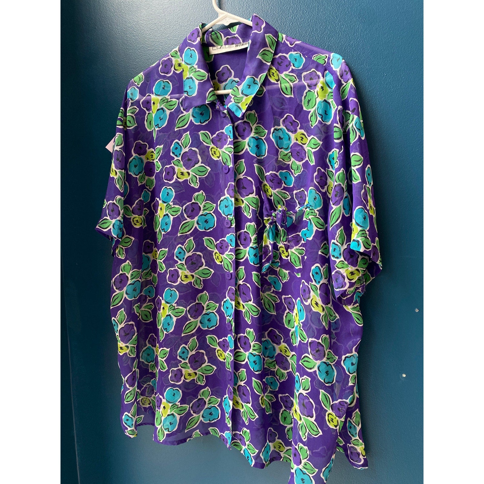 Vintage 80s Chaus Blue Purple Green Floral Chiffon Button Up Blouse Plus 18W