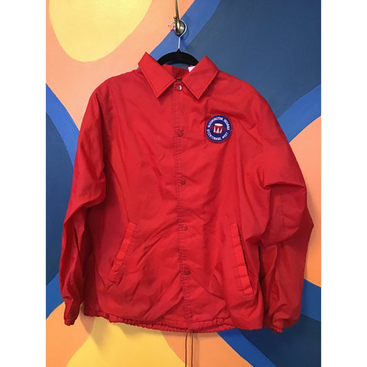 1976 Bloomington, Indiana Bicentennial Meet Snap Jacket Red Satin Men's Large