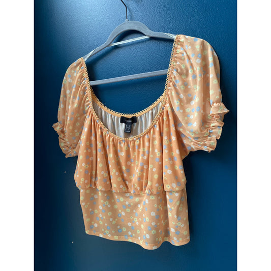 Forever 21 Orange Floral Crop Top Puff Sleeve Women's Size 0X NWT