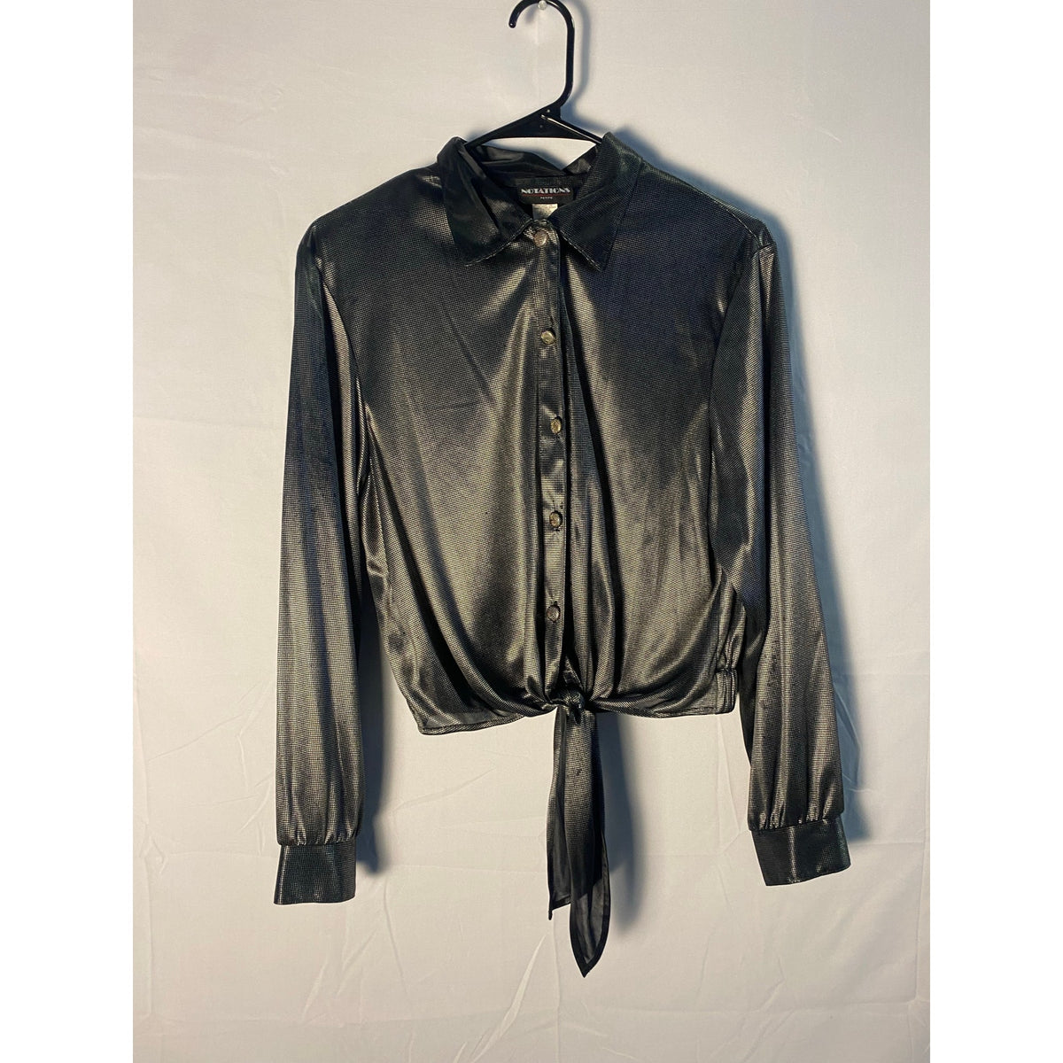 Vintage 80s Notations Metallic Silver Button Up Blouse Front Tie Twist Large