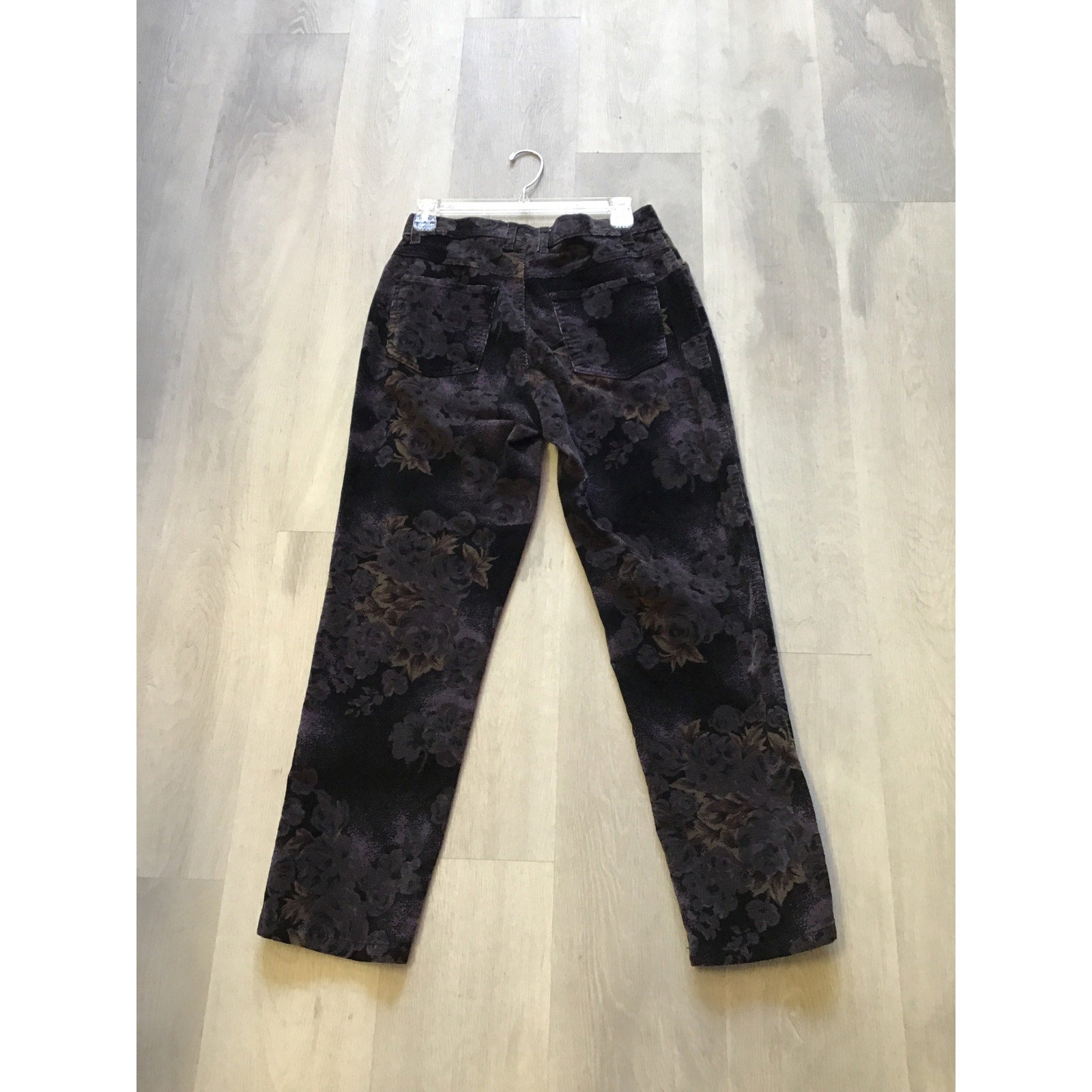 Bill Blass Vintage 90s Straight Leg Floral Black Gray Corduroy Pants Women's 6P