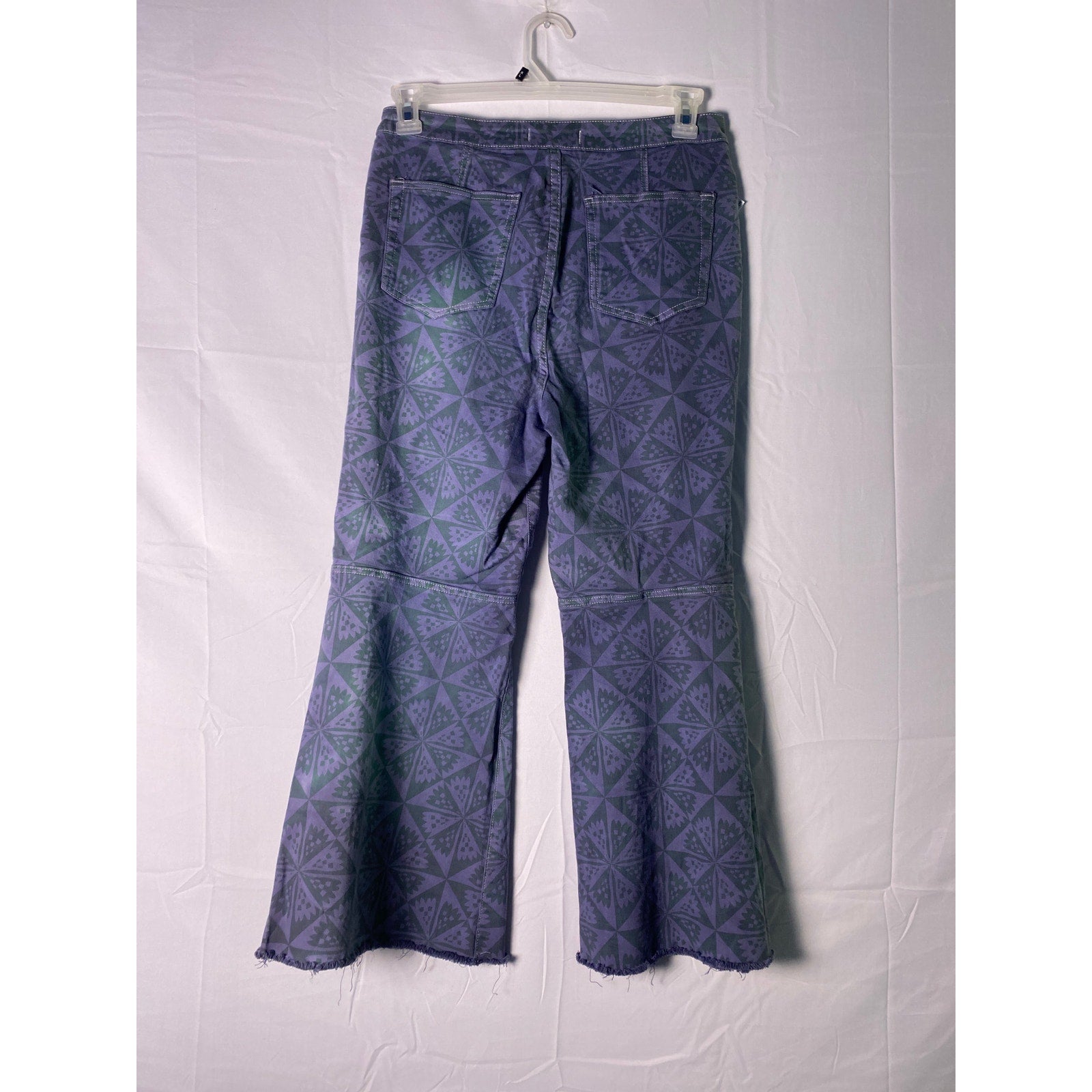 Free People Hand-Dyed Printed Bell Bottom Pants Raw Hem Denim Women's Size 31