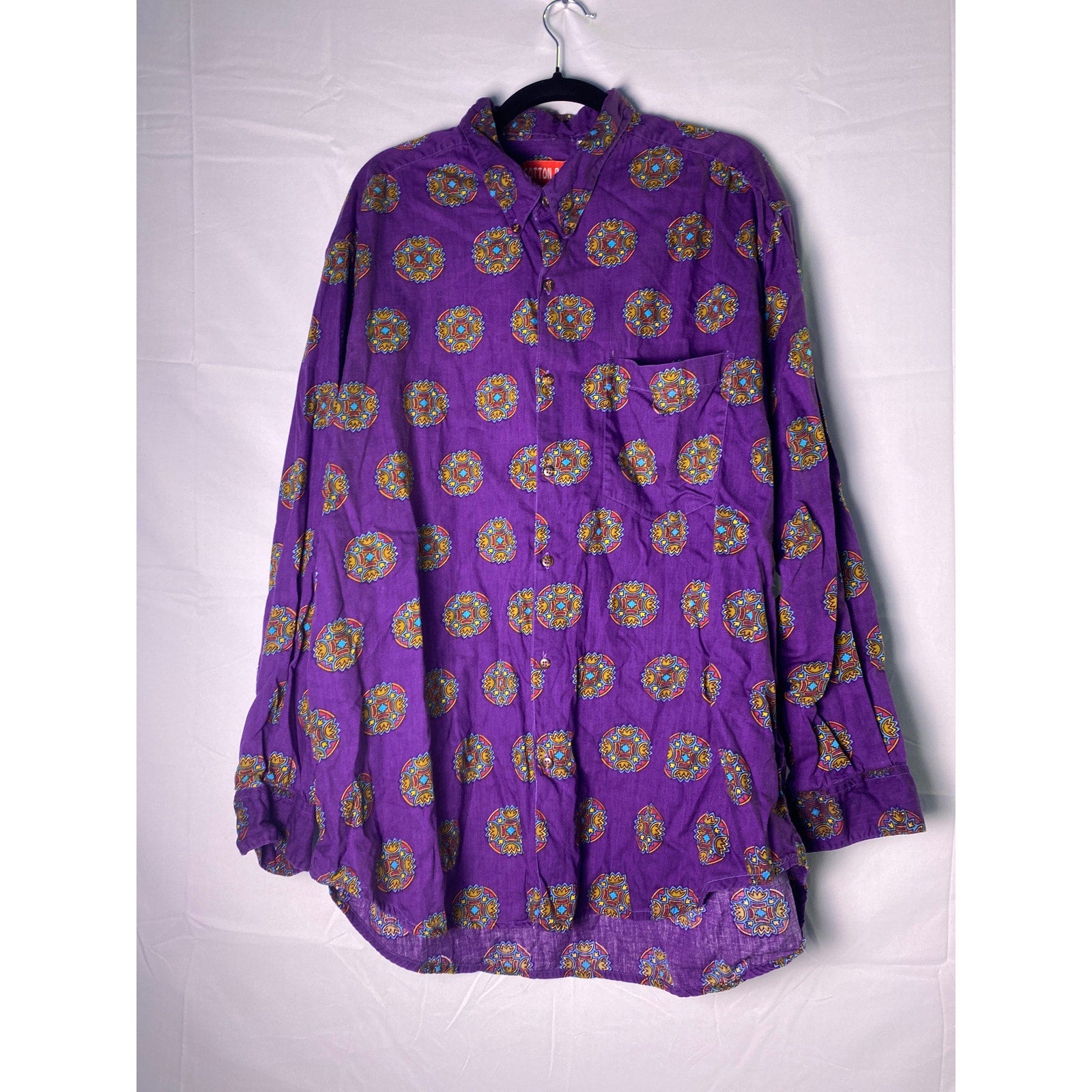 Vintage Cotton Row 100% Cotton Purple Floral Mandala Pattern Button Down Men 3X