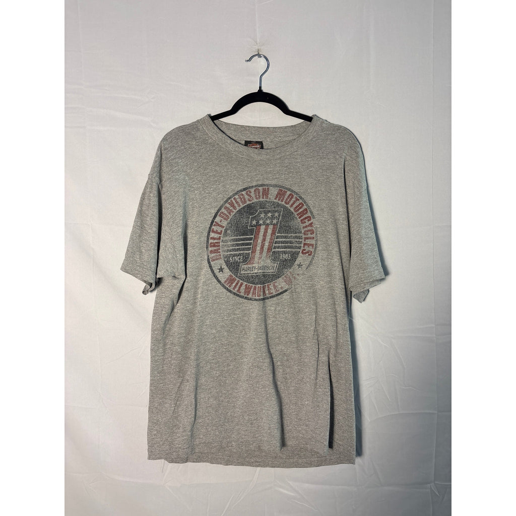 &nbsp;Vintage Harley Davidson Thiel's Wheels Upper Sandusky, OH Gray Shirt Mens Large