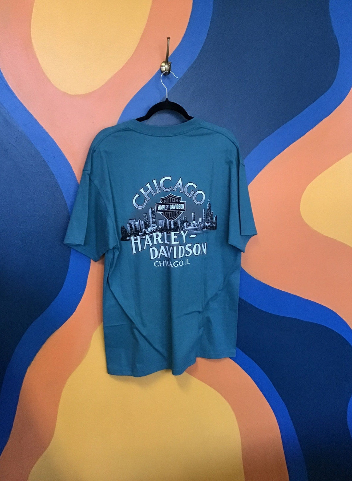 Harley Davidson Chicago, IL Graphic Print Crew Neck Teal Shirt Men's Size Large