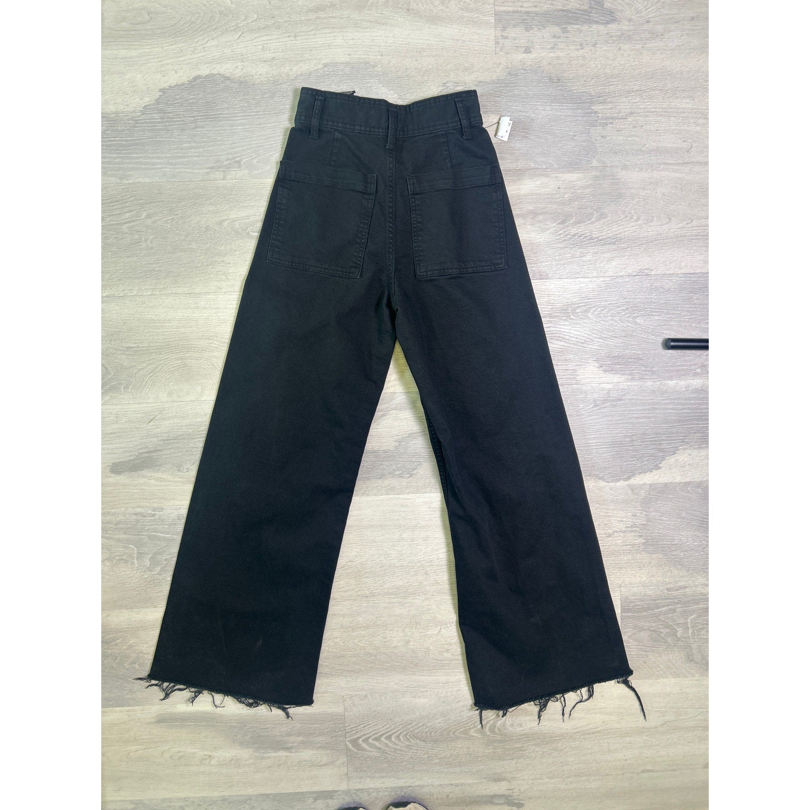 Zara Black Denim Wide Leg Jeans Cut Off Hem Dark Wash Pockets Women's Size 2