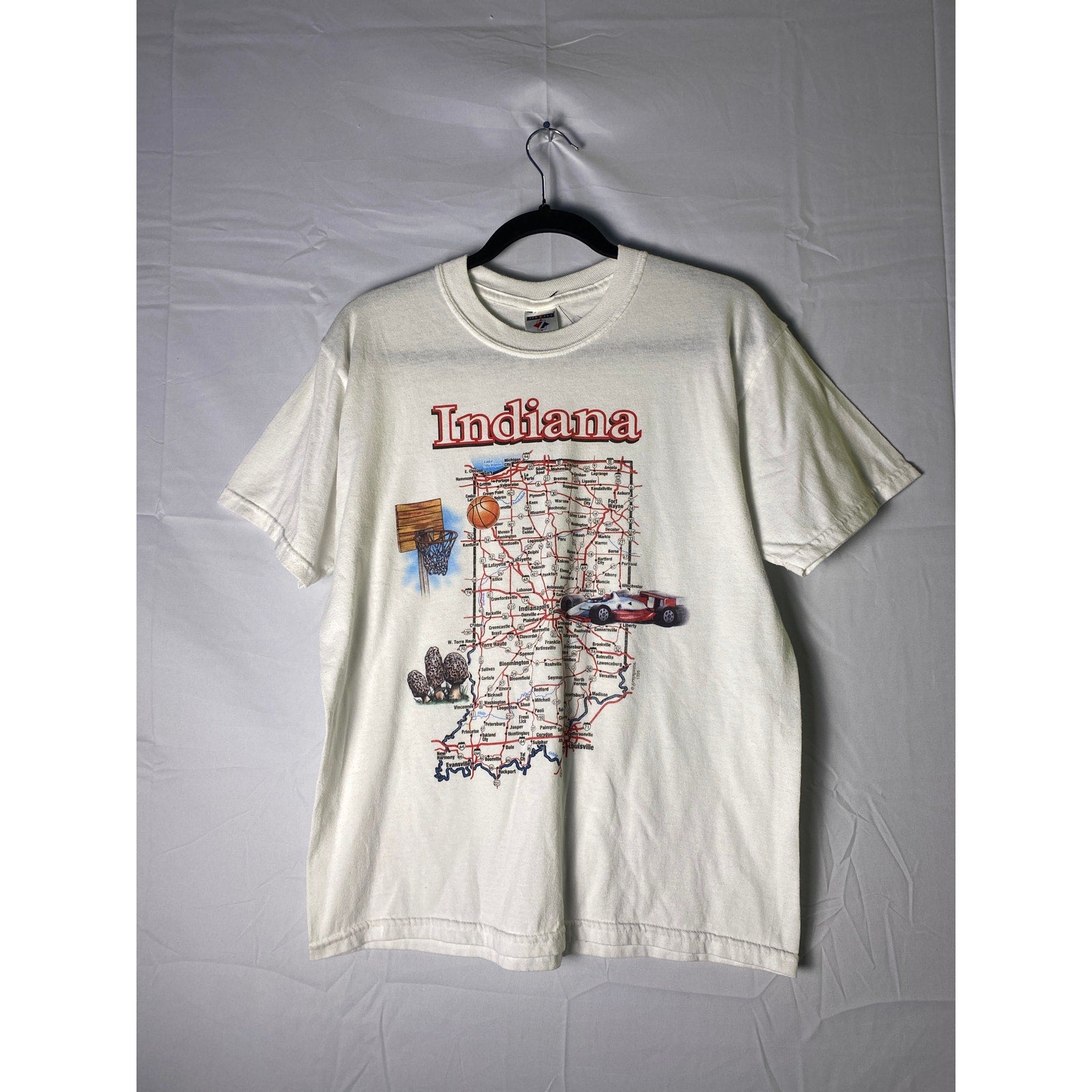 Jerzees The Hoosier Indianapolis State Map Print White T-shirt Men's Size Medium