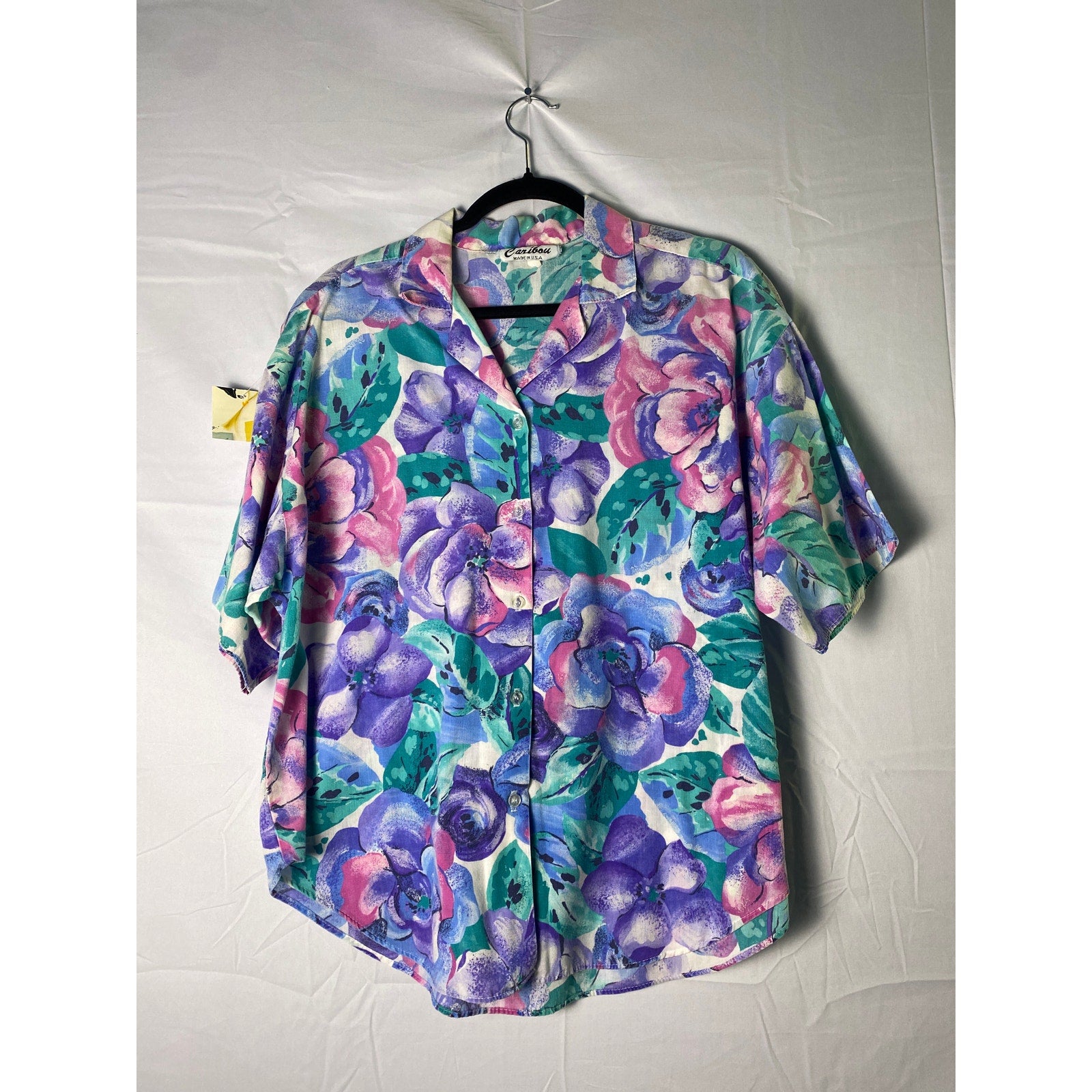 Vintage 80s Caribou Blue Green Pink Watercolor Floral Print Short Sleeve Blouse