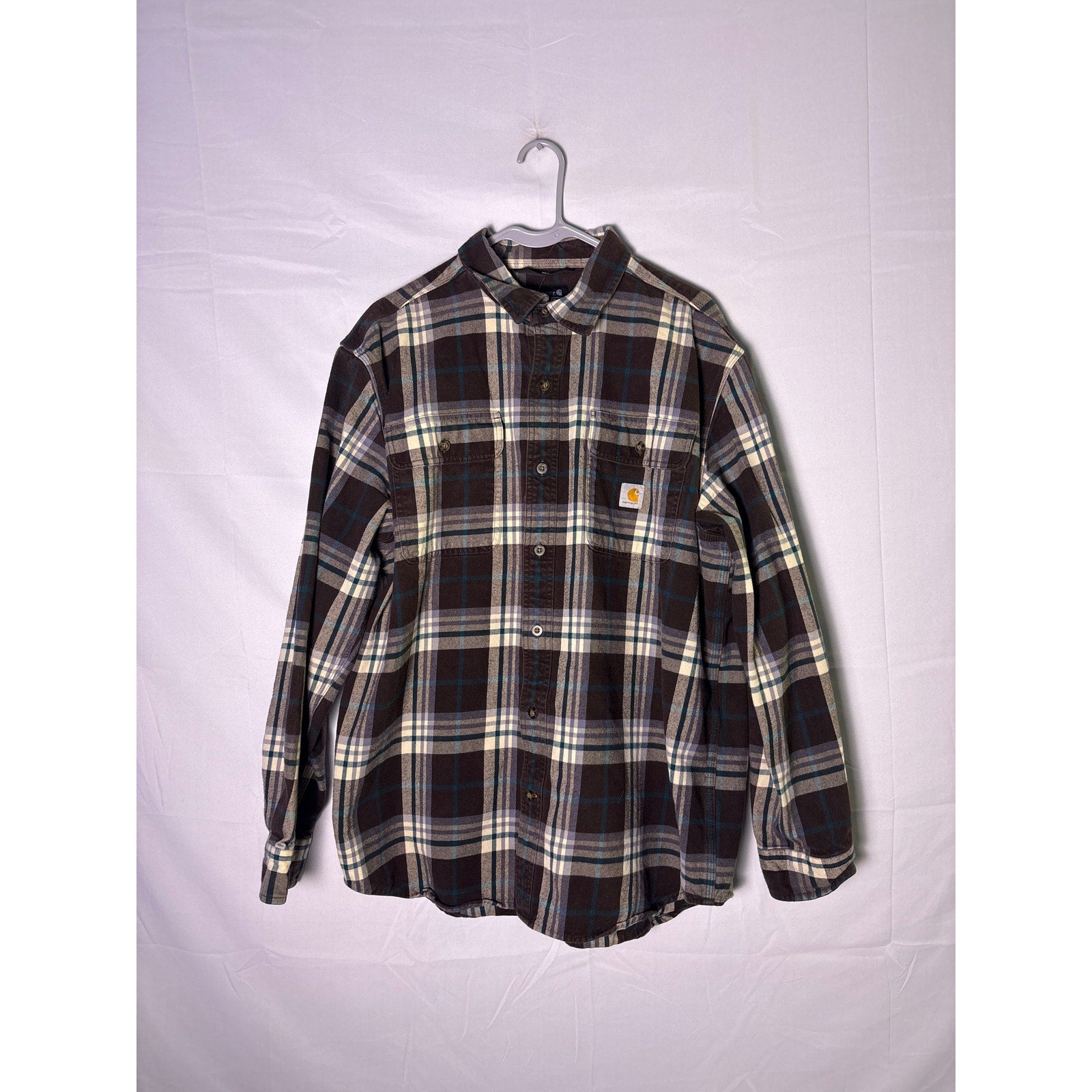 Carhartt Button Up Brown Plaid Flannel Long Sleeve Shirt Original Fit Mens Large