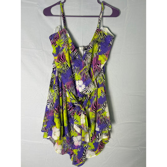 Bold Green Pink Purple Floral Print Sleeveless Romper w/ Belt Women's Plus 2X