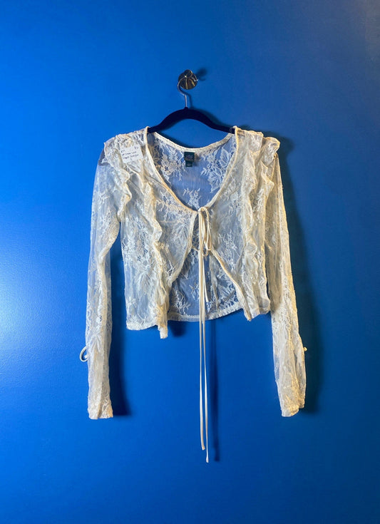 WF Cream Lace Cropped Cardigan Front Tie Long Sleeve Women's Size Small