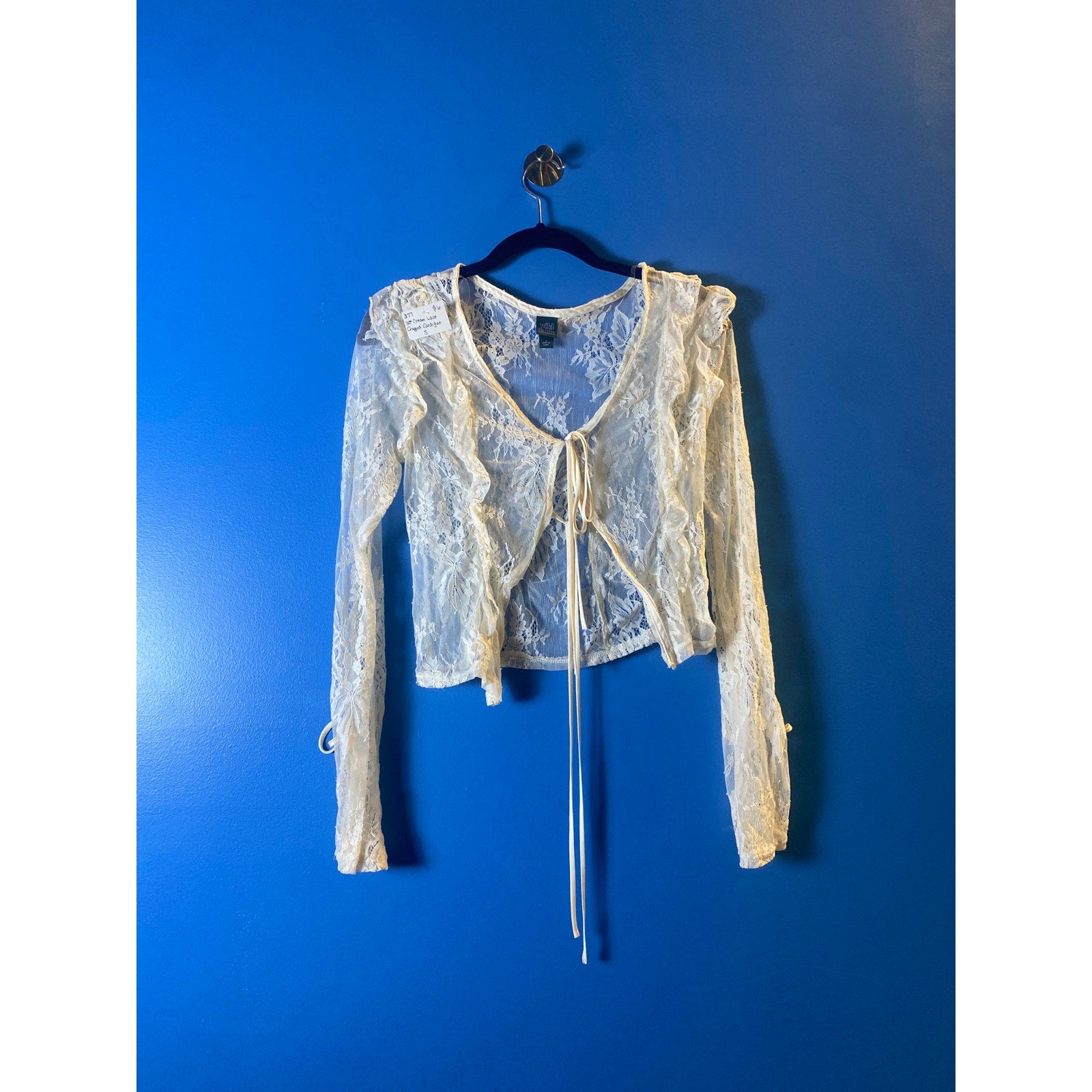 WF Cream Lace Cropped Cardigan Front Tie Long Sleeve Women's Size Small