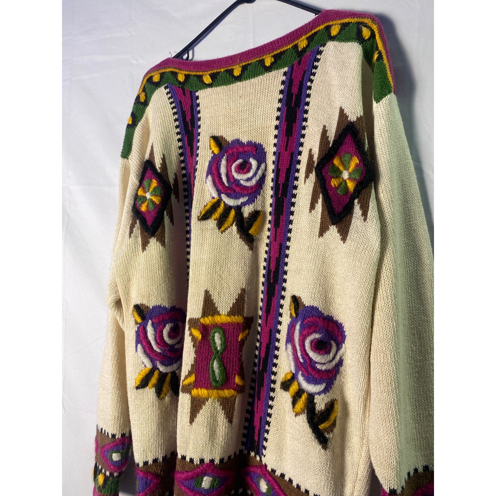 Vintage 80s Eminent Multicolor Floral Sweater Southwestern Chunky Womens Medium