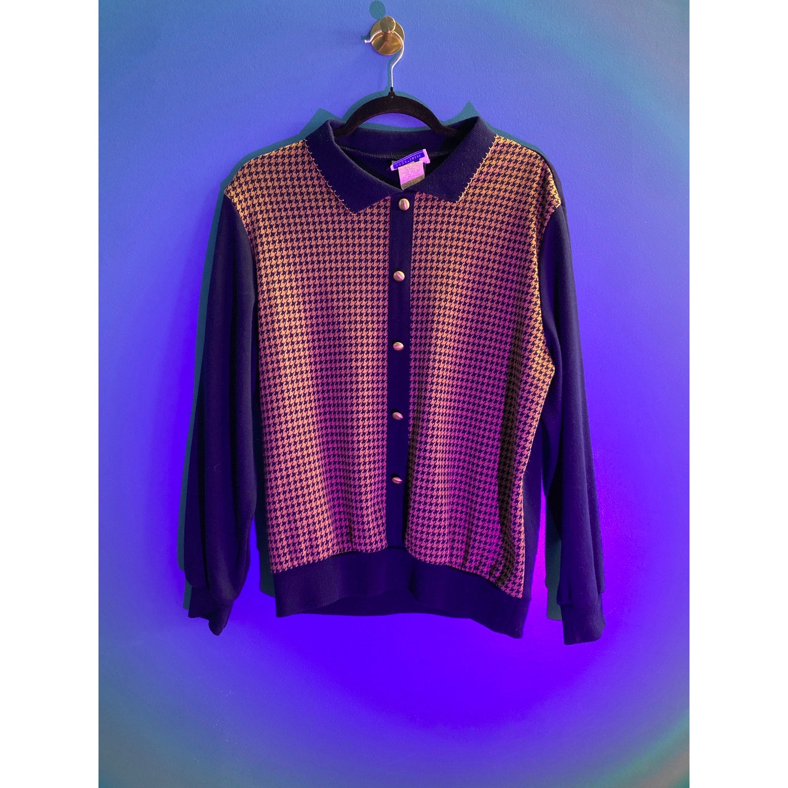 Vintage Cape Cod Navy Retro Houndstooth Preppy Button Up Sweater Size Medium