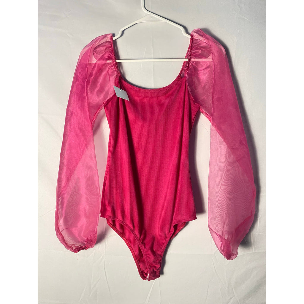 Altar’d State Hot Pink Knit Body Suit w/ Sheer Long Puff Sleeves Ribbed Small