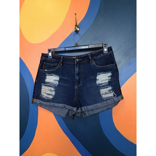 Bullhead Blue Denim Dark Wash Distressed Cuffed Jean Shorts Women's Size 31